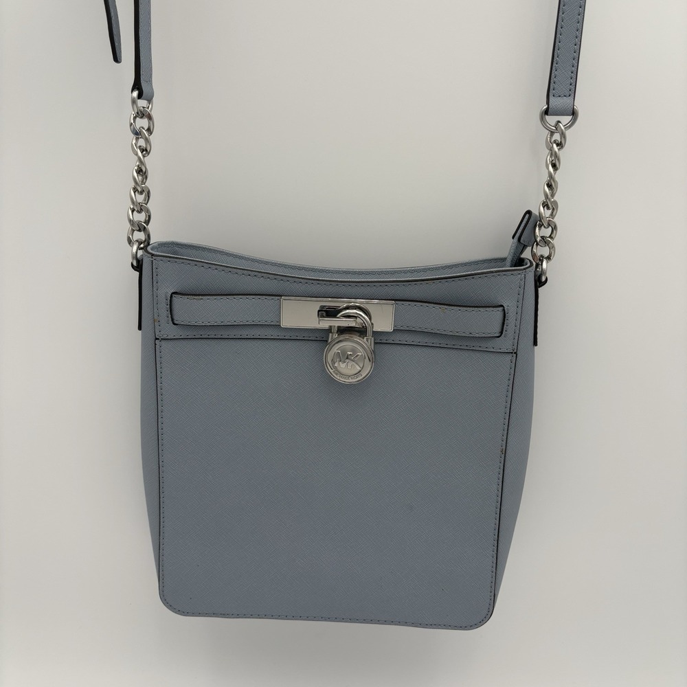 Michael Kors Hamilton‎ Leather Zip Top Messenger Bag Chain-Link Blue Medium